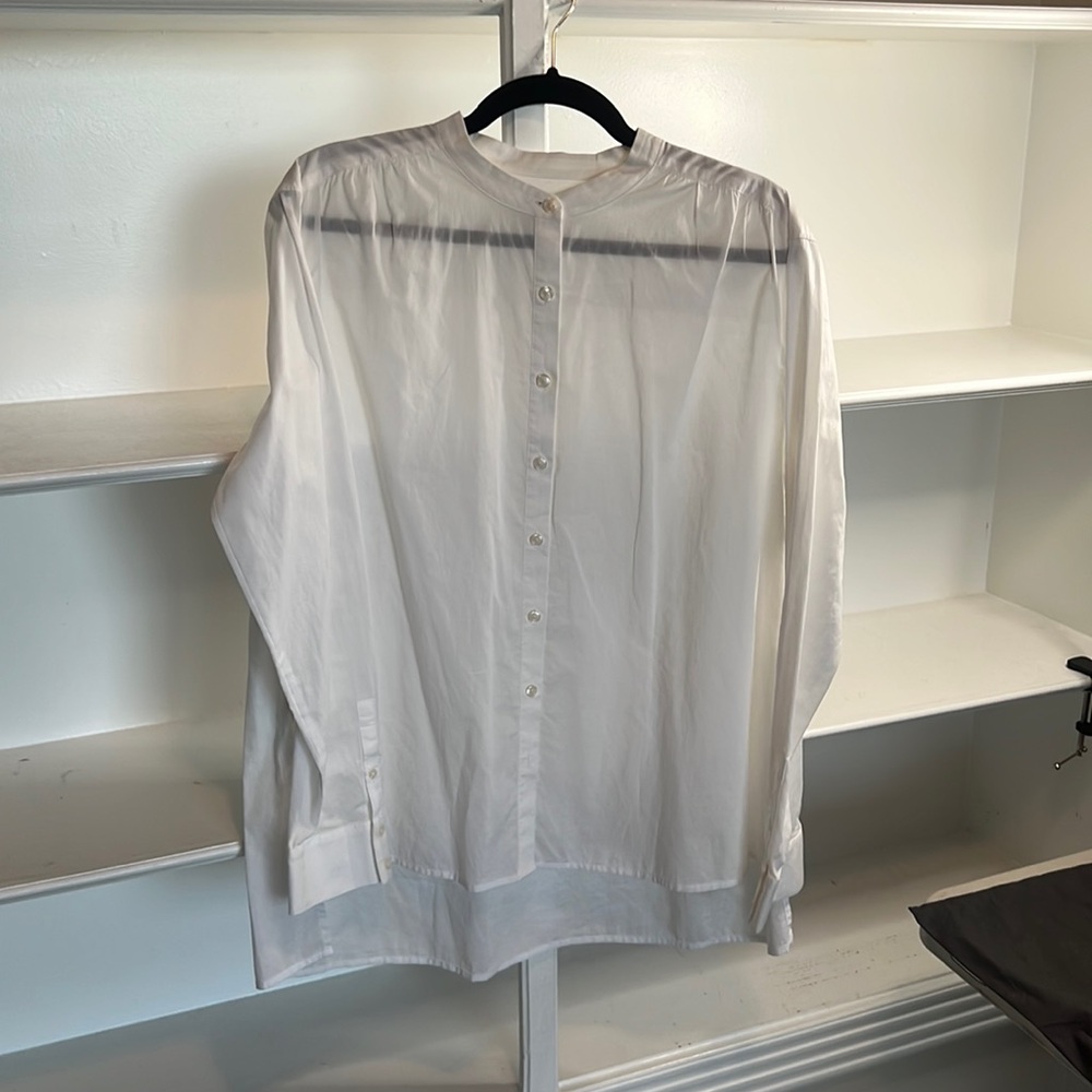 Ann Taylor Collarless White Button Down Shirt - L